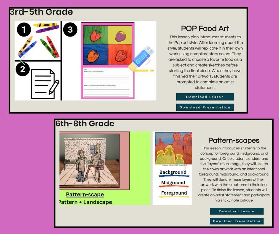 Images of lesson plans / Images of lesson plans and matching visual aids I created for K-12 art.