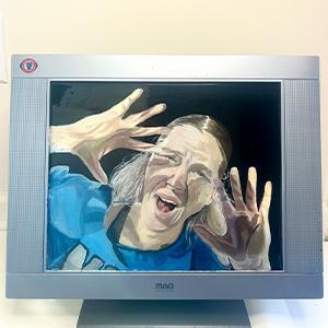 Trapped Online / Acrylic painting of girl on a 13x 16 computer screen with resin applied over the painting.  