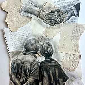 Past Love / Charcoal drawing of older couple on handwritten letters that were collaged together.  