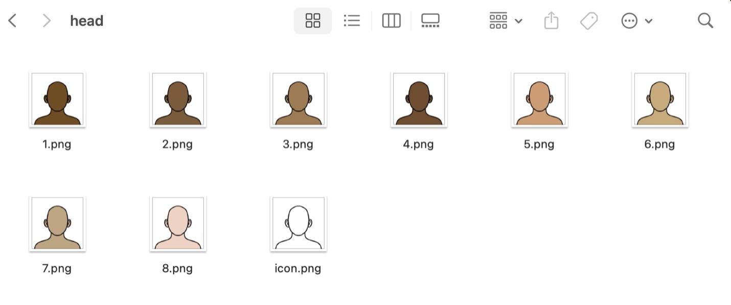 Skin Color Options / A screenshot of the computer folder containing each skin color options for heads.  