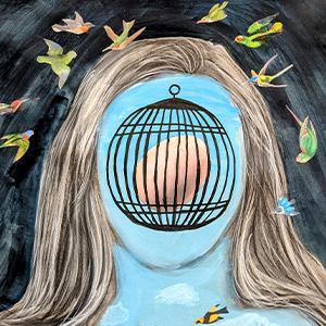 Caged Egg / Margaret Bearden. (2025). Caged Egg. Charcoal, gouache, and collage on paper 2024 18x24.” I wanted to utilize the concept of the egg as a representation of self and the idea of obscuring the face itself. Trauma and anxiety have caused me to build a wall or a cage around my true self. I use this cage to protect the vulnerable and easily broken egg of my ego or self, from anxious fears, rejection, or judgment.  