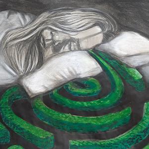  Labyrinth / Margaret Bearden. (2025). Labyrinth. [Gouache and charcoal on toned paper]. I found the symbol of a labyrinth a way to explore consciousness and the spiraling cycle of depressive thoughts. The self-portrait features me in bed, which during a depressive episode becomes much like a labyrinth: once entered, it's hard to find my way back out. 