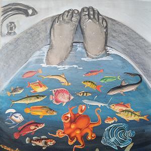 What the Water Gave Me / Margaret Bearden. (2025). What the Water Gave Me; Inspired by Frida Kahlo. [Charcoal, gouache, and collage on paper]. The imagery of the deep and dark ocean waters gives the viewer a symbolic representation of the danger lurking beneath the surface of a seemingly calm sea. The bath is typically a place of comfort and relaxation, providing the body and soul with soothing self-care. But often being alone in the tub can awaken dark thoughts and pain.  
