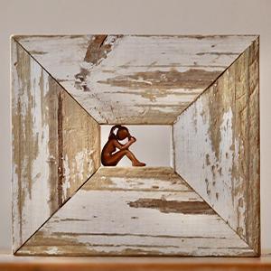 Heartbroken in a Paper Gown / Heartbroken in a Paper Gown (2025). Mixed Media Sculpture: Reclaimed wood, Aves Apoxie Sculpt, acrylic paint  