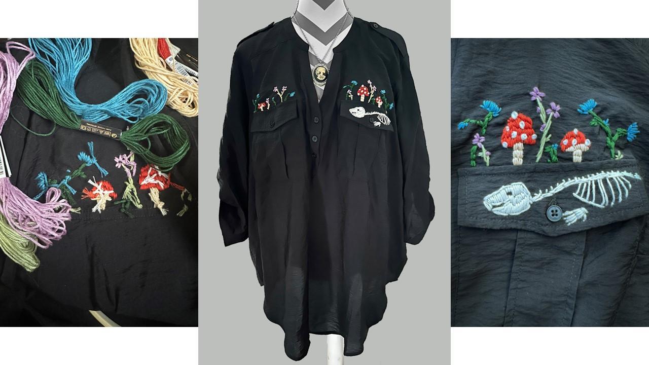 Life and death symbolism / Life and death symbolism embroidered onto a black blouse.