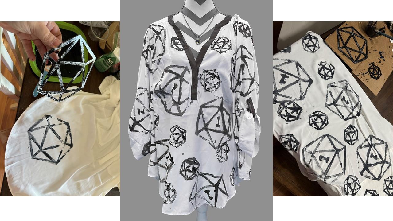 Cardboard stamp / Cardboard stamps of grungy D20 dice applied with acrylic paint onto a white blouse.  