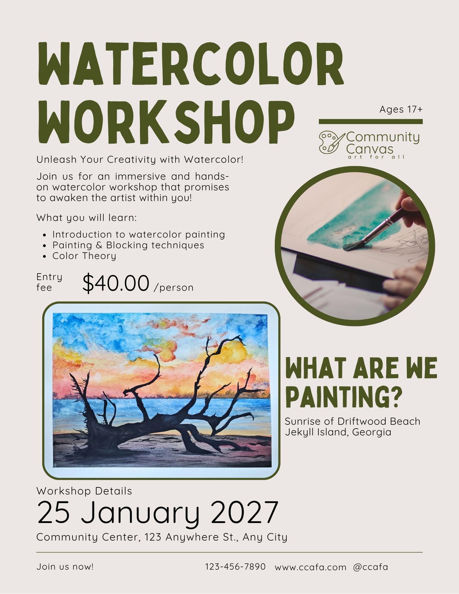 Workshop flyer  / Workshop flyer focusing on watercolor techniques to create a beautiful landscape inspired by Driftwood Beach on Jekyll Island, Georgia.  