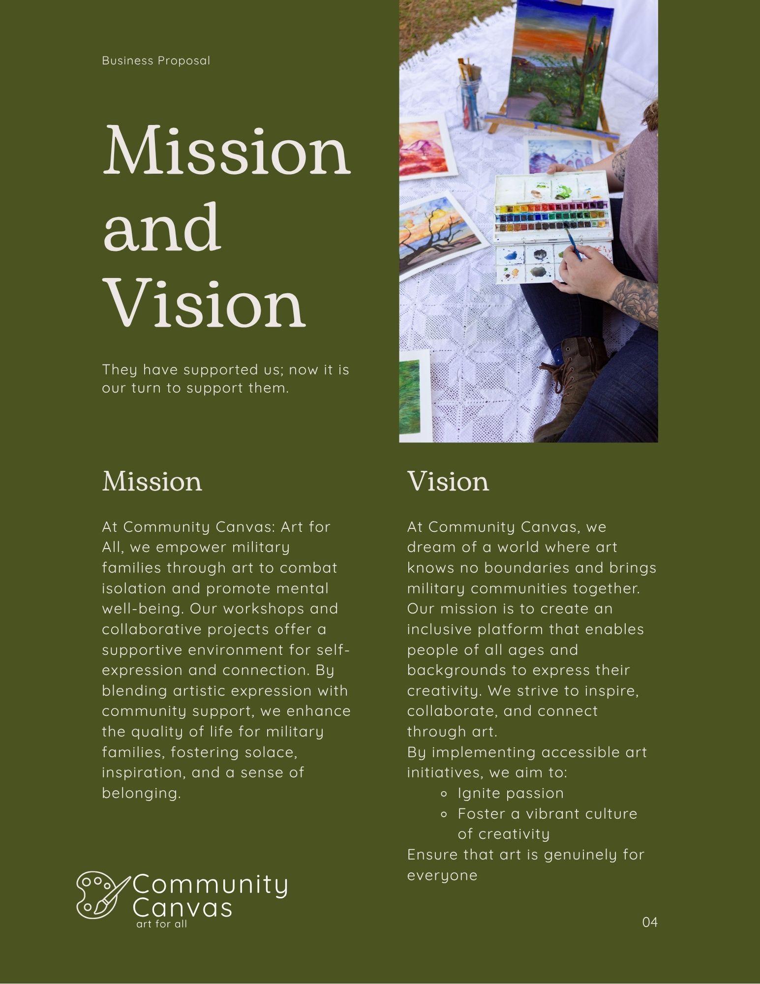 Business Proposal / Mission and Vision of Community Canvas: Art for All, from the Business Proposal.  