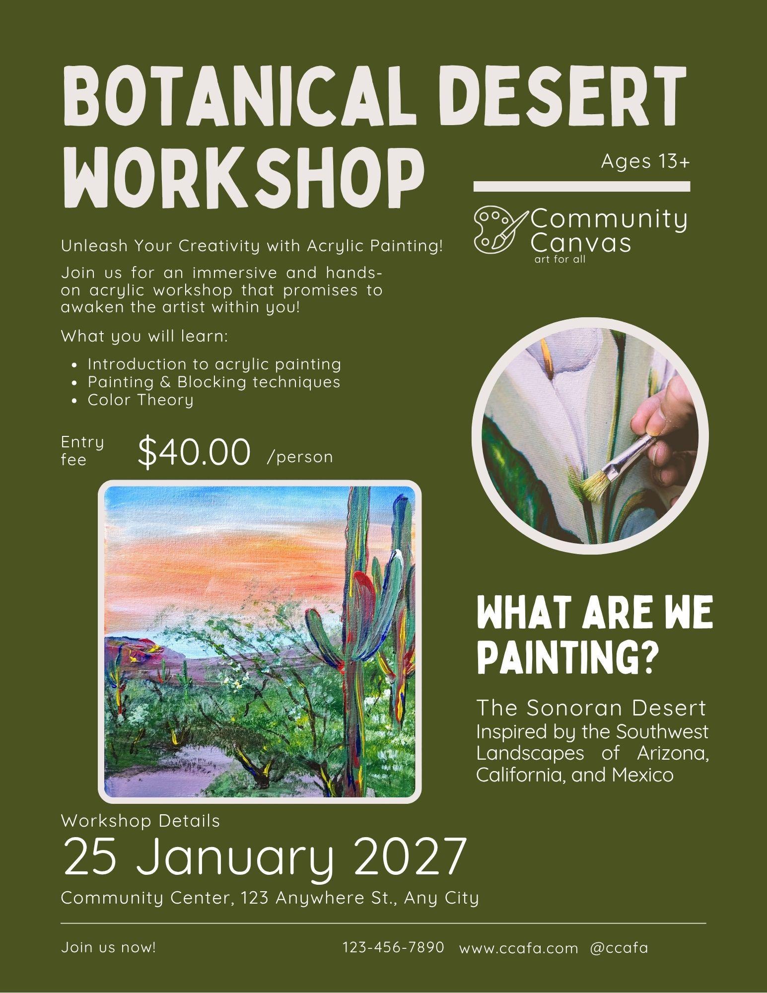 Workshop flyer  / Workshop flyer focusing on acrylic techniques to create a beautiful landscape inspired by the Saguaro Desert throughout the Southwest of the United States.  