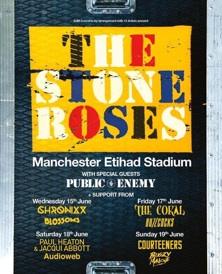 Stephanie Geiger - Image 4 - Concert Poster  / Concert poster showing Manchester band The Stone Roses with supporting acts from other Manchester bands and artists playing at The Manchester Etihad Stadium in 2016. The Manchester music scene was filled with collaboration, friendship, and support by those who came from the city. Picture from https://x.com/thestoneroses/status/739851620222111744  