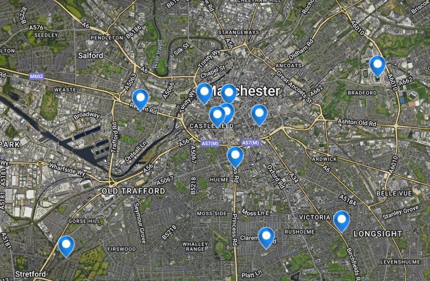 Stephanie Geiger - Image 1 - Manchester Map  / An example of a map of Manchester with pinpoints of the places that played a part in the careers of the bands and artists of the city. This would be similar to what visitors would see in the 'Sites' section of the website and would give the address and brief description for those who wish to travel there. Image created by author.  