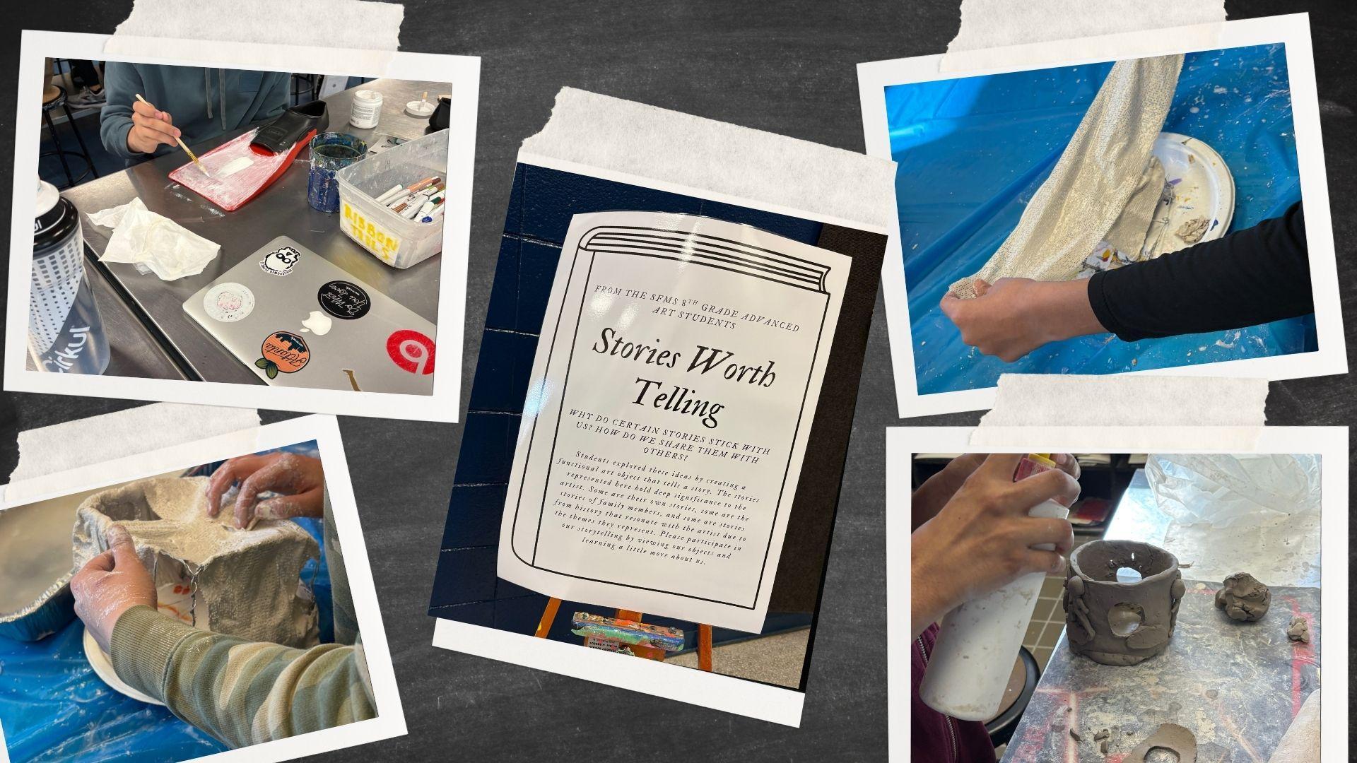  / Displays students creating art for the project during class, and a sign explaining the project to viewers at the school exhibition where projects were displayed. 