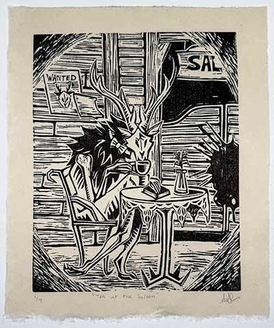 Ashley Rudman, "Tea at the Saloon". 2024. Linocut.  / 