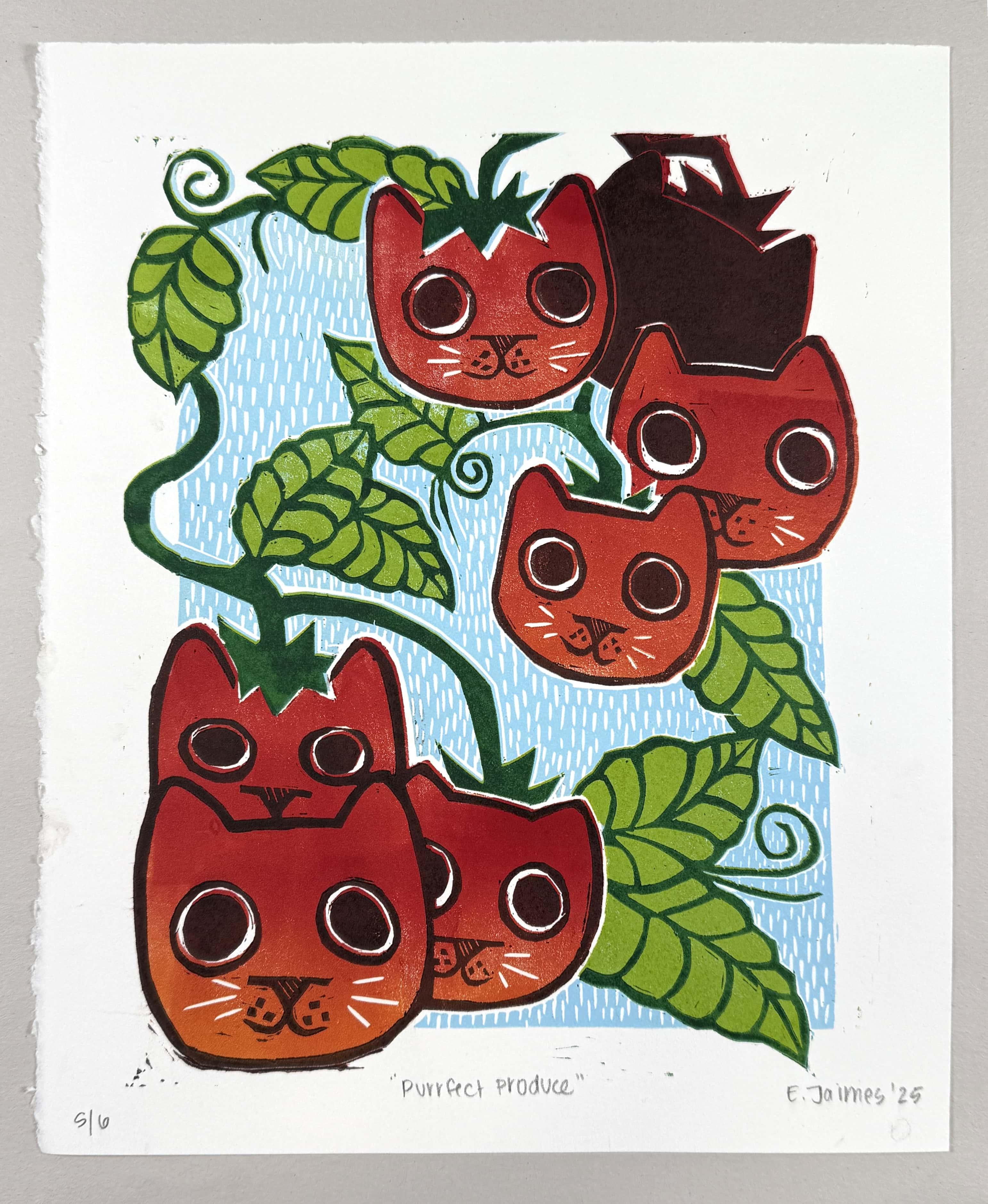 Emily Jaimes, "Purrfect Produce". 2024. Jigsaw-reduction mix.  / 