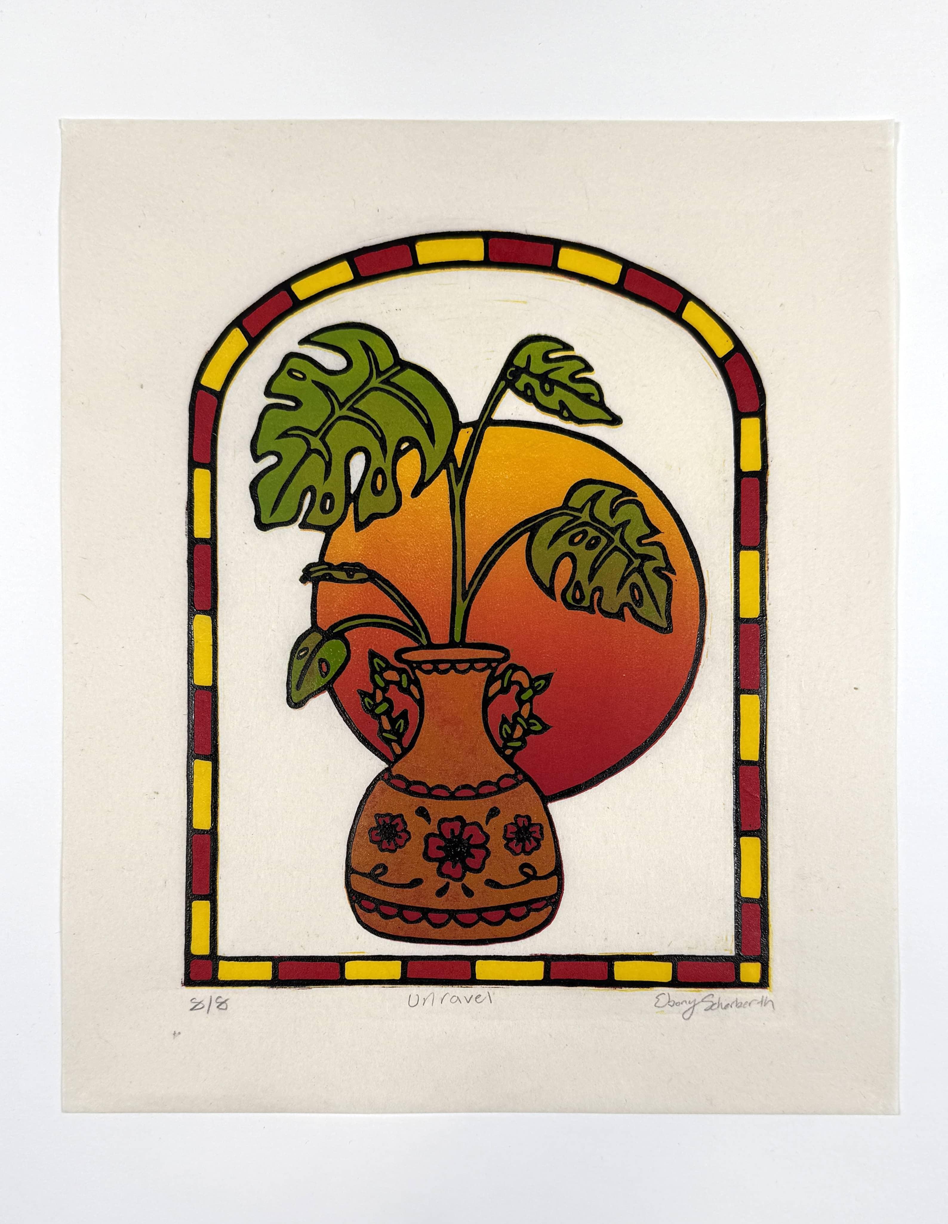 Ebony Scherbath, "Unravel", 2024. Reductive multiblock linocut. / 