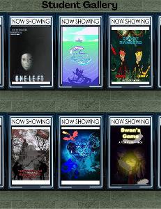 Student Gallery display with eight movie posters labeled “NOW SHOWING,” featuring titles like ONE LEFT, BEAST RANGERS, and Swan’s Game.  / These are examples of Student work, for the Movie Poster. (A fun "Theater" display is used, to provide visual interest and add a fun layer to it.)  