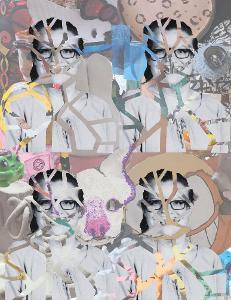 Collage with fragmented portraits, colorful patterns, and abstract elements.  / My media arts response to the identity project my students were tasked to complete. Connection represents my identity as a teacher, the multiple roles I play as an individual, and how my students help bring meaning and purpose to those roles. My faculty picture is diminished in grayscale and fractured to emphasize the controlled chaos of education. The background is a digital collage of student projects acting as a stabilizing ground for my identity portraits.