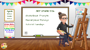 Art classroom with whiteboard, student painting, and colorful decorations.  / An additional slide representing student access to my Art Studio Lab's interactive learning approach. The categories listed are high-frequency procedural tasks for students to access during our shared class time throughout the semester. 