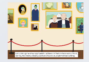 Illustrated "eye spy" game with art-themed items to find, including food, chairs, and a symmetrical building.  / This is an 'Eye Spy' artwork activity page within the book! 