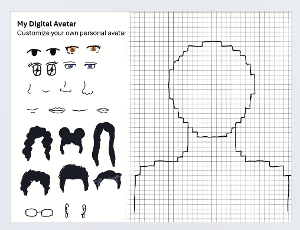 Digital avatar template with customizable facial features and accessories. / This is one of the many activity worksheets from the book. This is a stylized digital portrait or "avatar" creation. 