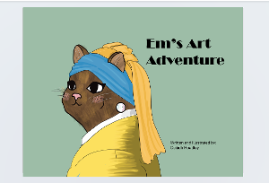 Brown cat in blue headscarf and yellow top with text "Em's Art Adventure" by Ceilidh Hoadley.  / This is the Cover Page for the illustrated activity book. 