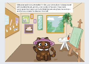 llustrated cat named Em with an easel and paint supplies, introducing portrait art exploration.  / This is the introduction page! This is Em's introduction to the world of portraits we will be investigating. 