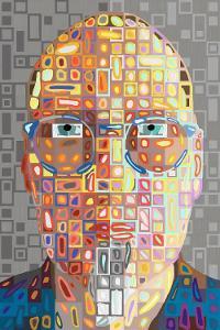 Abstract portrait with glasses made of colorful geometric shapes on gray background.  / "Human Artist" Self-portrait, digital oil painting 