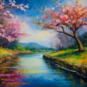 Colorful painting of a river with cherry blossoms, green banks, and distant mountains.  / Student example of AI generated work (Tier 4 AI integration) 