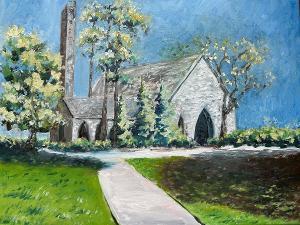 Painting of a stone chapel with bell tower, trees, and a clear blue sky.  / The Chapel at Abraham Baldwin Agricultural College. Christopher Beals, 2025. Oil on Canvas, 18x24 inches  