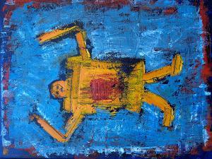 bstract humanoid figure in warm colors on a blue background.  / Angry Paperman with Jam #6. Christopher Beals, 2025. Oil on Canvas, 20x16 inches 