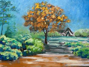 Painting of a path leading to a cabin with autumn trees and clear blue sky. / Early Spring at Abraham Baldwin Agricultural College #1. Christopher Beals, 2025. Oil on Canvas, 18x24 inches 