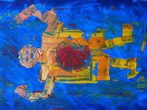 Abstract humanoid figure in warm colors on a blue background.  / Angry Paperman with Jam #2. Christopher Beals, 2025. Oil on Wood, 15x10 inches 