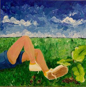 Painting of person lying on grass in blue shorts and white shoes under a cloudy sky.  / Waiting for Shade