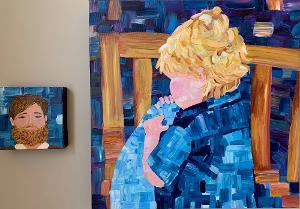 Child with blonde hair in blue shirt holding blanket on wooden chair.  / Little Big Big Little