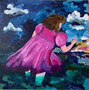 Painting of person in pink dress reaching toward ground under a cloudy blue sky.  / Lost 