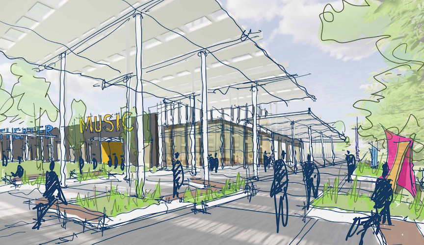  / A colorful rendering of the performance pavilion, designed to host concerts, theatre productions, and cultural events. 
