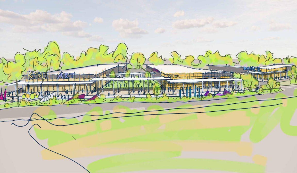  / A conceptual sketch of the outdoor gathering area designed for performances, student interaction, and community engagement. 
