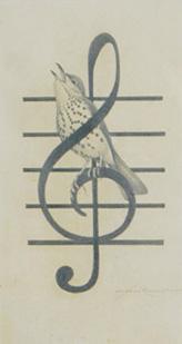  / Athos Menaboni, Wood Thrush Singing on a Treble Clef, c. 1950. Pencil on paper; 9 3/4 x 5 1/2 in. (24.8 x 14 cm). Gift of D. Russell Clayton, 2007.1.13. 
