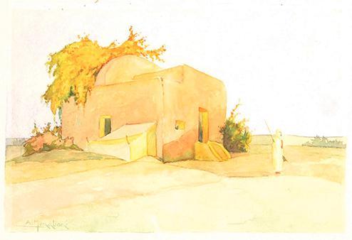 / Athos Menaboni, Arab House in the Desert, c. 1921. Watercolor on paper; 11 x 15 in. (27.9 x 38.1 cm). Gift of D. Russell Clayton, 2007.1.6. 
