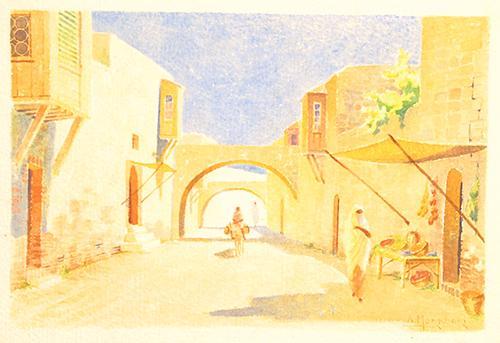  / Athos Menaboni, Arab Village - Tripoli, c. 1921. Watercolor on paper; 8 1/2 x 12 1/2 in. (21.6 x 31.8 cm). Gift of D. Russell Clayton, 2007.1.7. 
