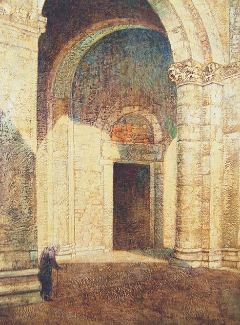  / Athos Menaboni, Cortile Sant’ Ambrogio, Milano, 1932. Oil on gesso on wood; 28 × 22 in. (71.1 × 55.9 cm). Gift of D. Russell Clayton, 2010.1.1. 
