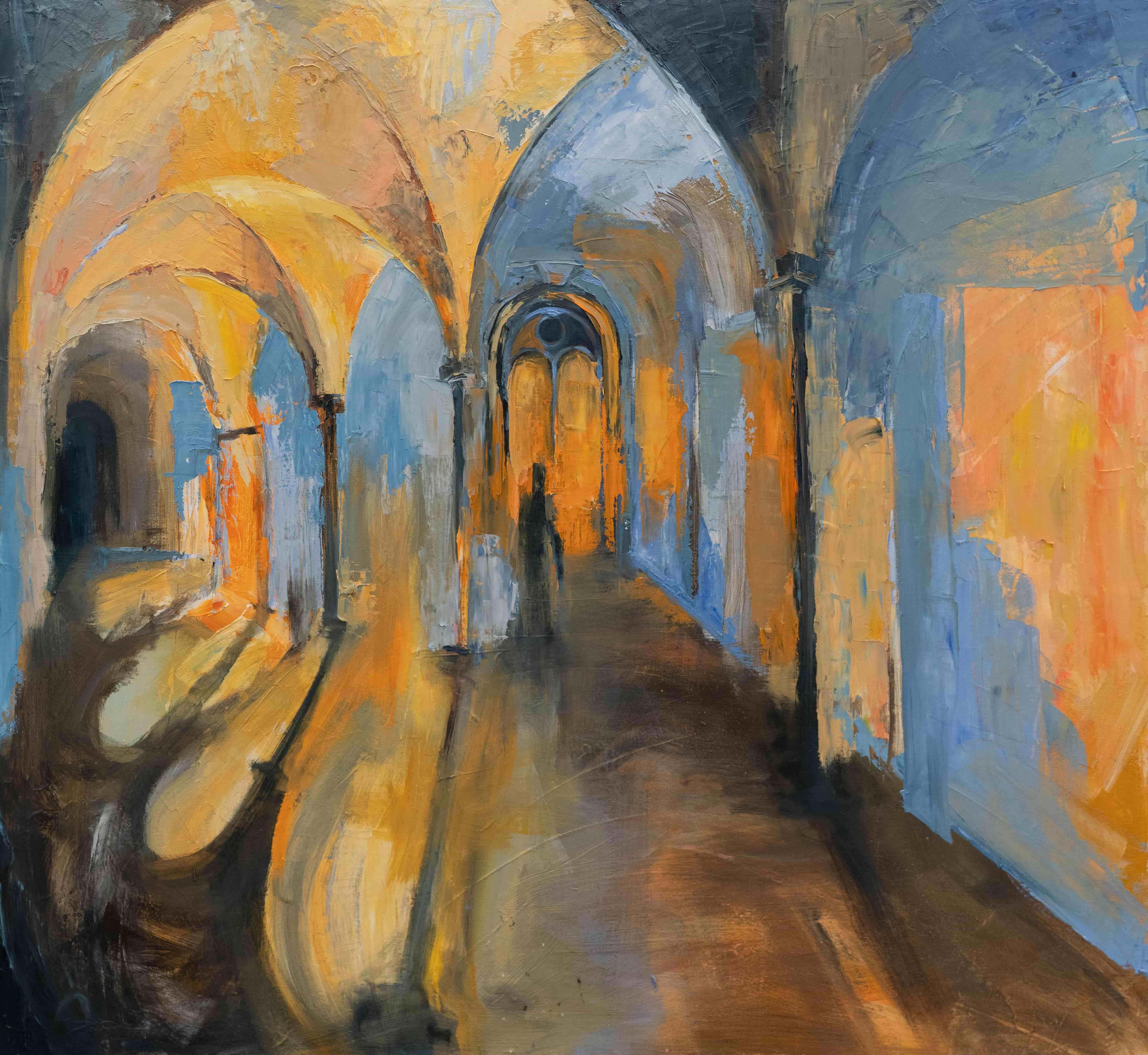 Abi Carawan Entry Point 2024. Oil on Canvas / An abstract painting depicting an arched walkway with warm gold, blue, and brown tones.
