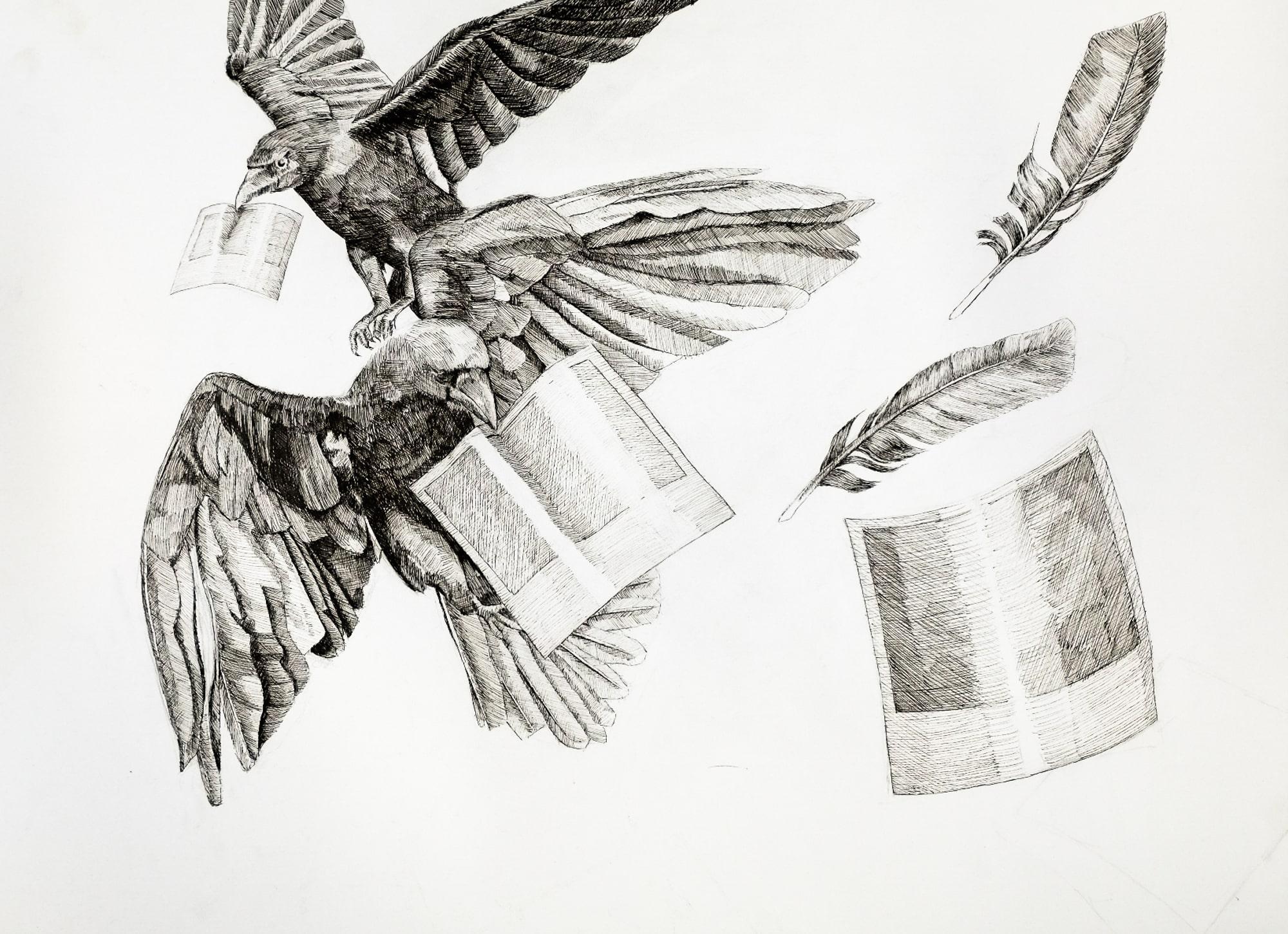 Indya Musgrove, 2025. Pen and Ink. / A pen‑and‑ink illustration featuring detailed feathers and a jar, arranged in a light, open composition.
