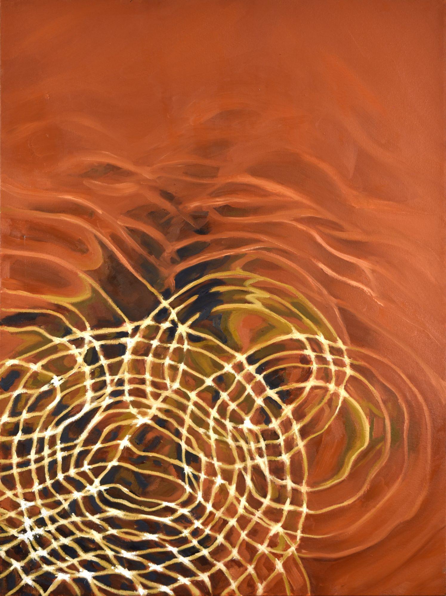 Jocelyn Scherer "Ripples #4", 2023. Oil on canvas.  / An abstract artwork featuring layered circular ripple patterns in white and gold against an orange background.