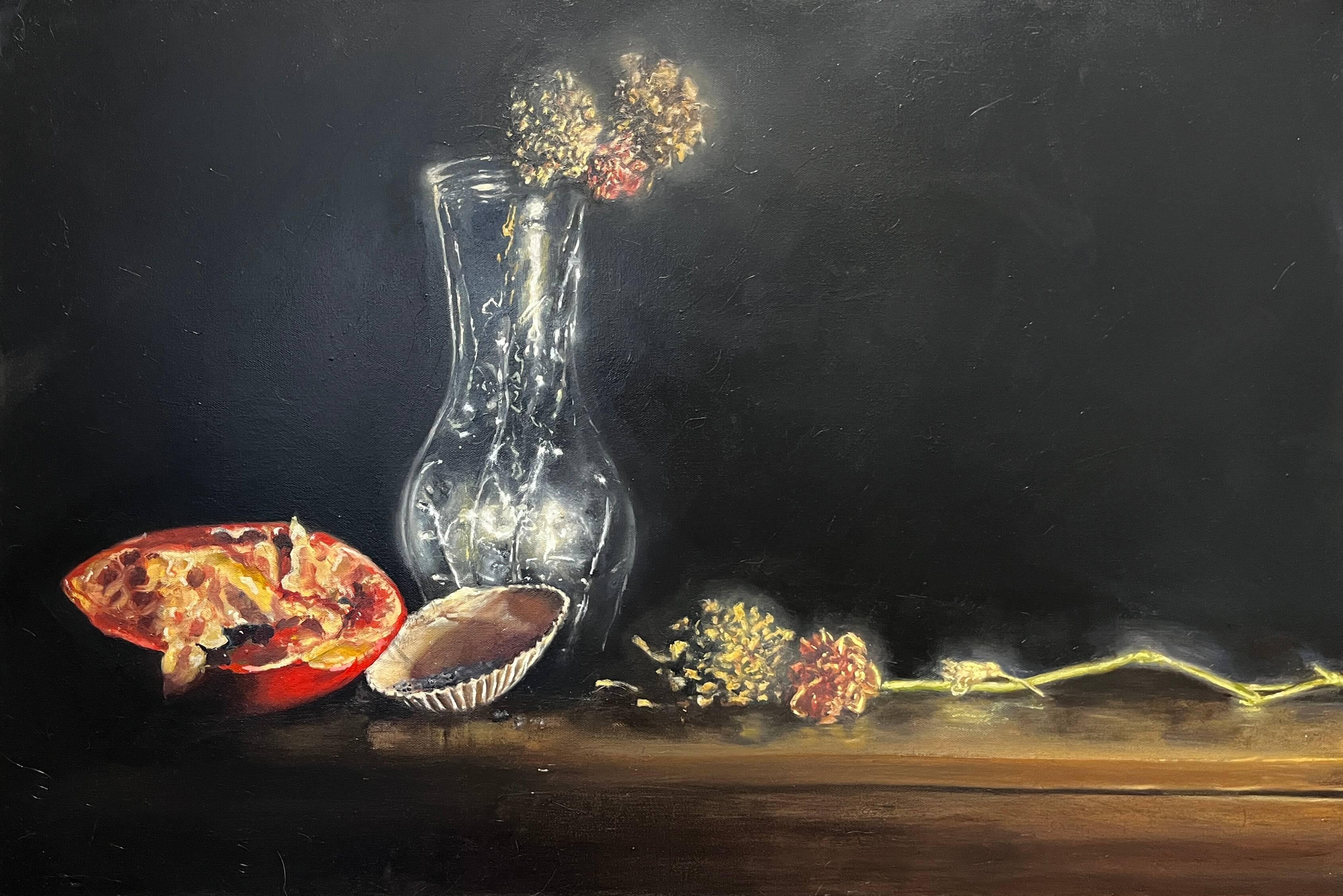 Allyson Cheshire, "Untitled", 2024. Oil on canvas / A still‑life painting with a glass vase, flowers, and fruit arranged on a dark surface with dramatic lighting.