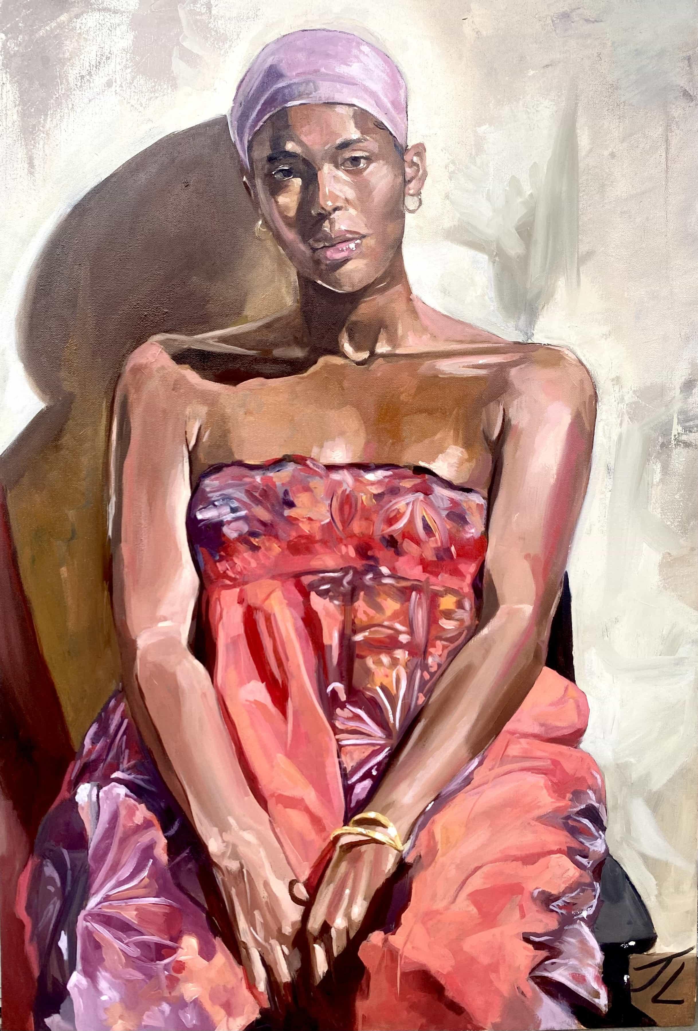 Josh Lynah, "Stare", 24x36, 2024. Oil on Canvas. / A seated figure wearing a patterned dress, positioned against a light background with soft shadows.