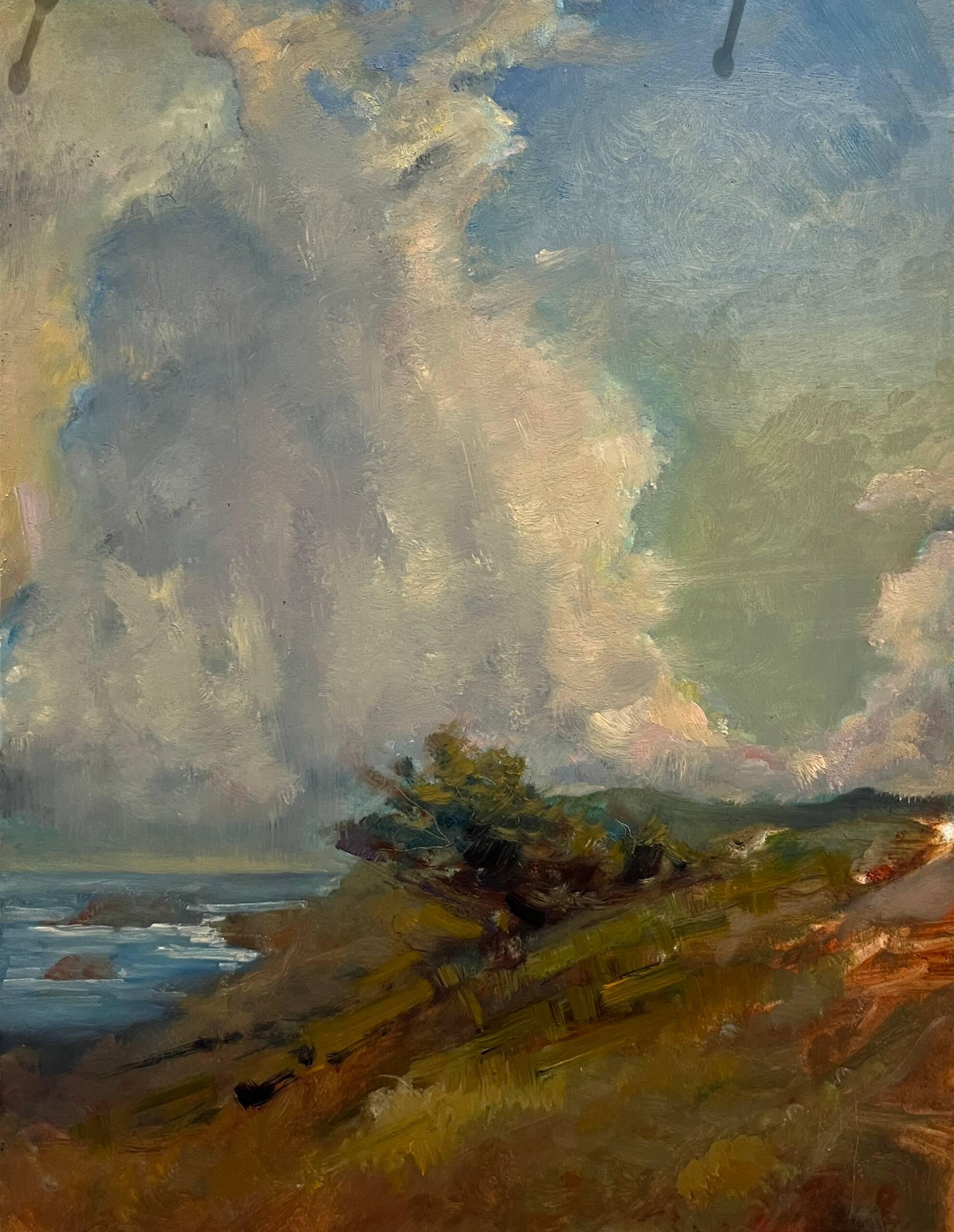 Maddie Smith, "Untitled", 2023. Oil on canvas board.  / A landscape painting with a cloudy sky above a shoreline, featuring water, greenery, and distant hills.