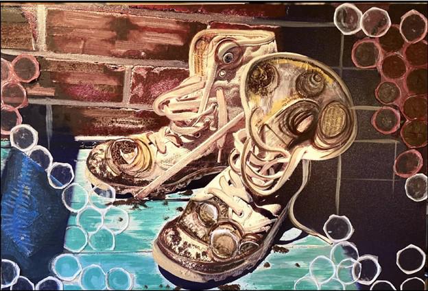 Sod & Sun  / An artwork depicting a stylized figure with flowing hair, surrounded by circular and abstract patterns in muted colors.