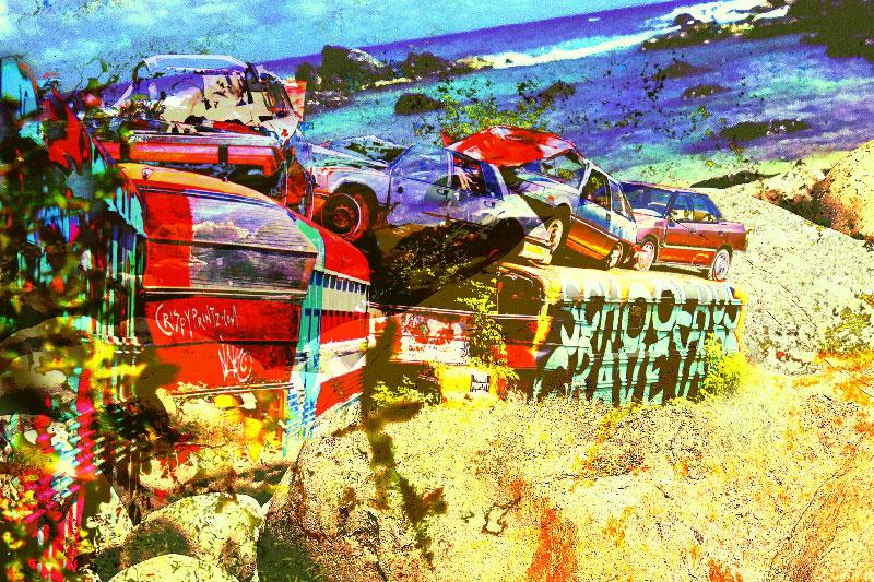 Junkyard Beach / A colorful abstract landscape combining bright reds, yellows, blues, and greens with layered textures and shapes.