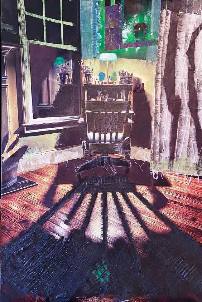 5 a.m. Light  / A chair positioned near a window with striped sunlight casting shadows across the floor.